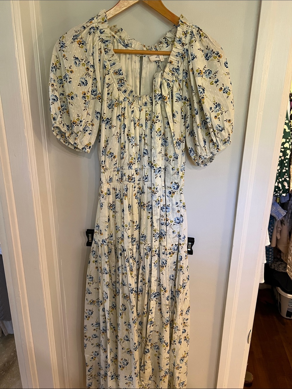 THE GREAT. Cream Maxi Dress with Blue and Yellow Floral Print